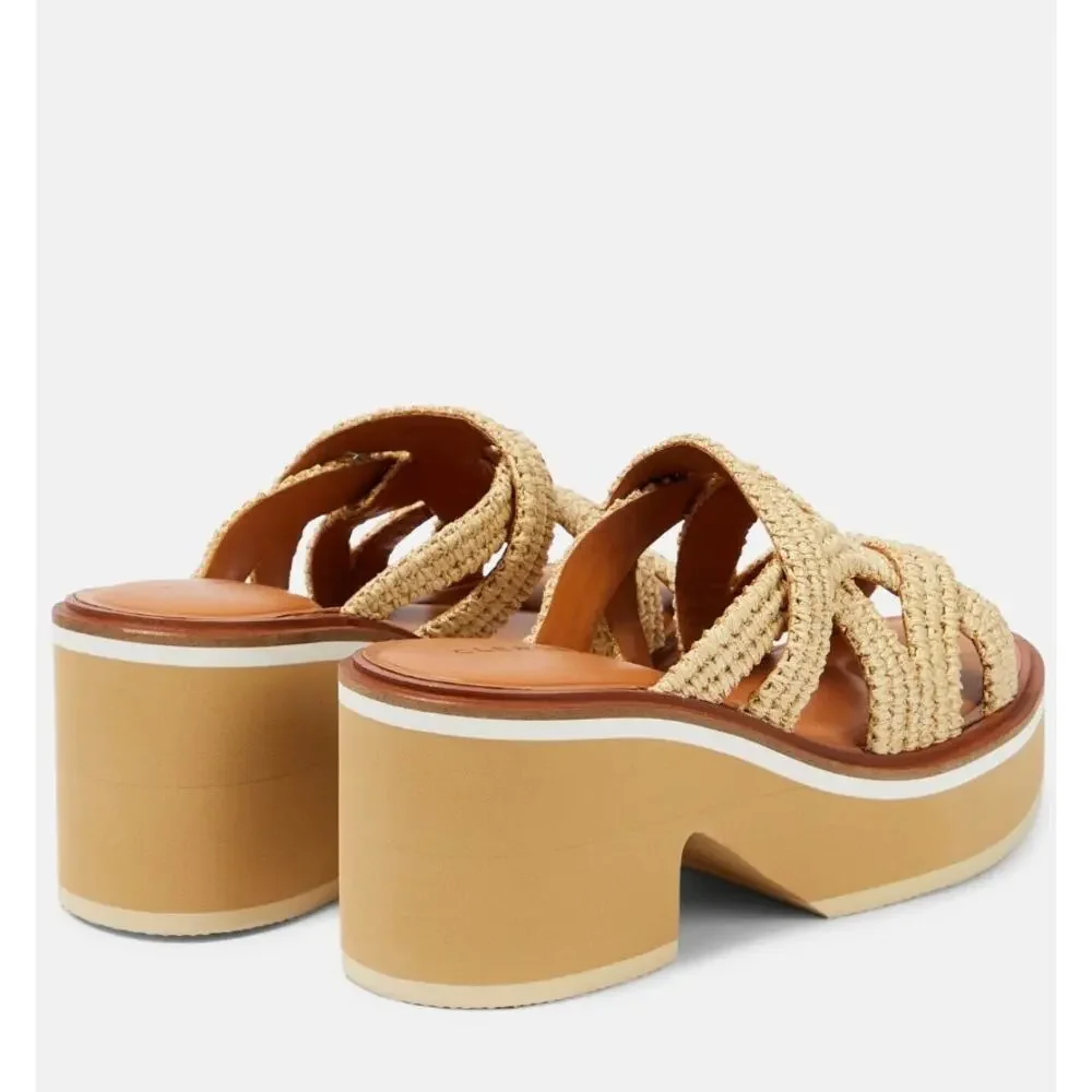 Clergerie Chermy Raffia Platform Mules Beige Natural Size 36
